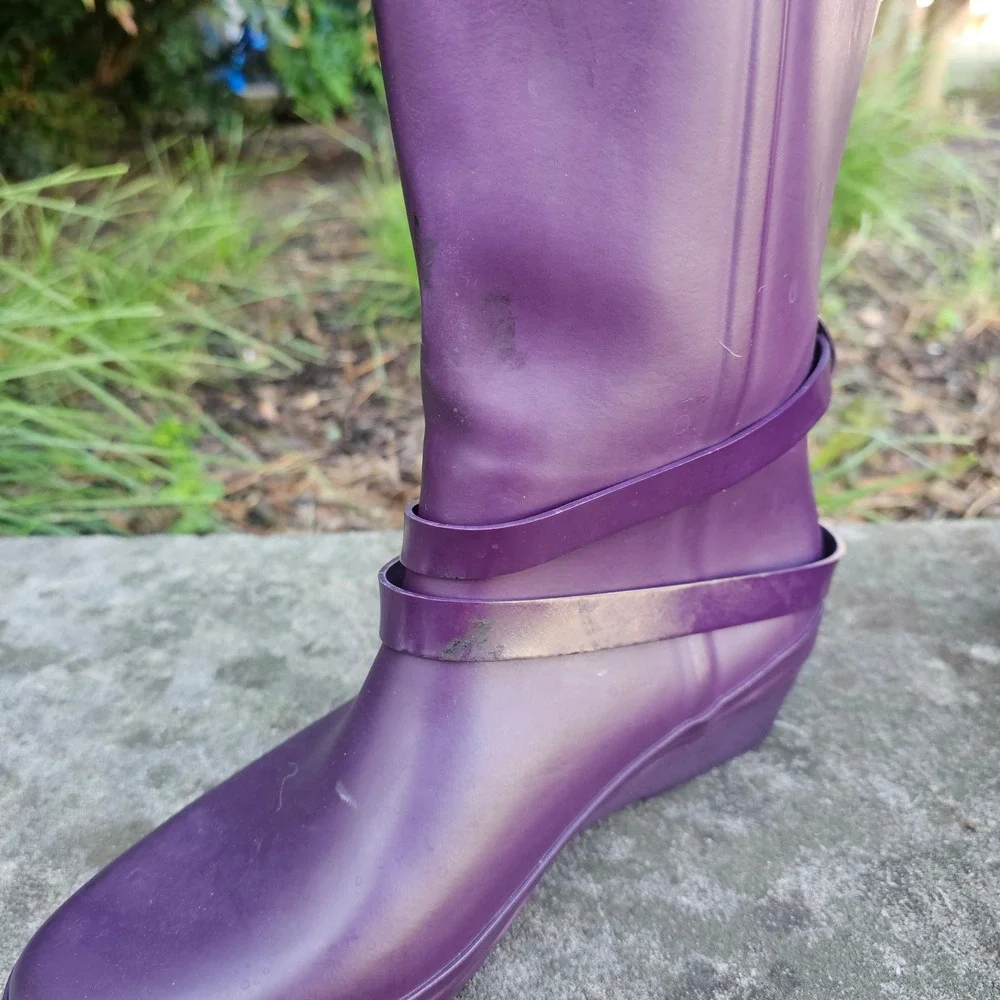 Hunter Andora Rain Boots Womens 7 Purple Wedge Tall Buckle Waterproof Twee 23954